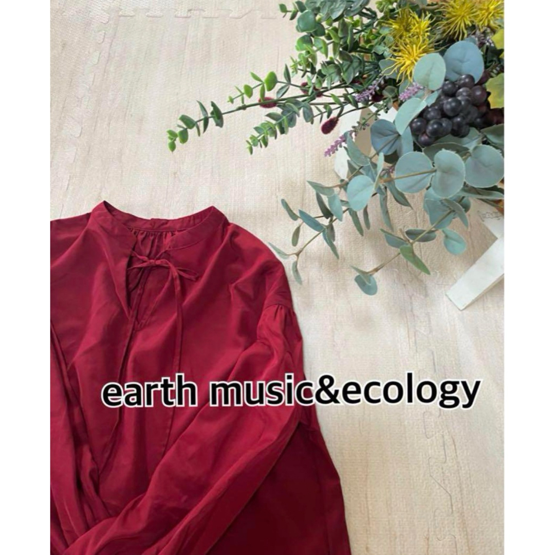 earth music & ecology(アースミュージックアンドエコロジー)のボルドー　チュニック　カットソー　ブラウス　アース　シャツ　ボウタイ リボン レディースのトップス(シャツ/ブラウス(長袖/七分))の商品写真