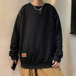 ロンT ワッペン　無地 長袖 ワイド　シンプル ブラックXL【140010XL】(スウェット)