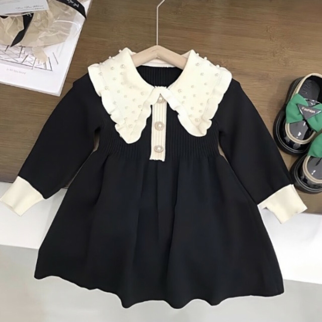  子ども 120 ビッグカラー ニットワンピース ドット パール 新品 スーツ キッズ/ベビー/マタニティのキッズ服女の子用(90cm~)(ドレス/フォーマル)の商品写真