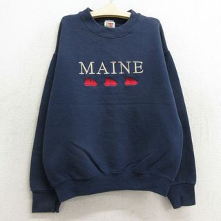 古着 フルーツオブザルーム 長袖 スウェット キッズ ボーイズ 子供服 90年代 90s MAINE ヨット 刺繍 クルーネック 紺 ネイビー 23nov28