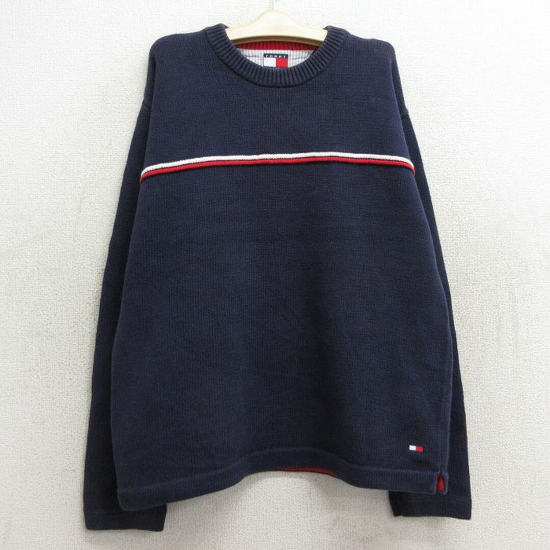 TOMMY HILFIGER(トミーヒルフィガー)の古着 トミーヒルフィガー TOMMY HILFIGER 長袖 ブランド セーター キッズ ボーイズ 子供服 90年代 90s ワンポイントロゴ コットン クルーネック 紺 ネイビー 23nov28 キッズ/ベビー/マタニティのベビー服(~85cm)(シャツ/カットソー)の商品写真