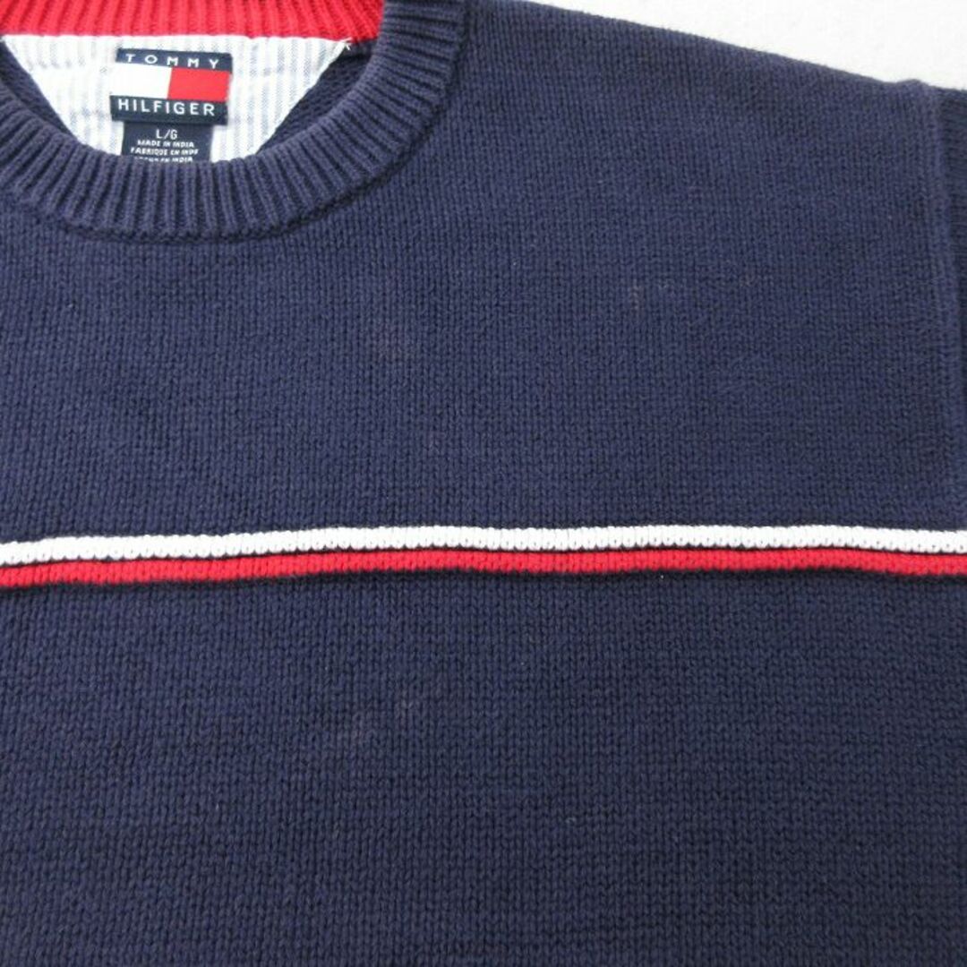 TOMMY HILFIGER(トミーヒルフィガー)の古着 トミーヒルフィガー TOMMY HILFIGER 長袖 ブランド セーター キッズ ボーイズ 子供服 90年代 90s ワンポイントロゴ コットン クルーネック 紺 ネイビー 23nov28 キッズ/ベビー/マタニティのベビー服(~85cm)(シャツ/カットソー)の商品写真