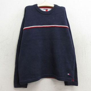 トミーヒルフィガー(TOMMY HILFIGER)の古着 トミーヒルフィガー TOMMY HILFIGER 長袖 ブランド セーター キッズ ボーイズ 子供服 90年代 90s ワンポイントロゴ コットン クルーネック 紺 ネイビー 23nov28(シャツ/カットソー)