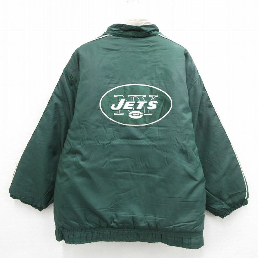 STARTER(スターター)のXL★古着 スターター STARTER 長袖 ナイロン ジャケット メンズ 90年代 90s NFL ニューヨークジェッツ リバーシブル 大きいサイズ ロング丈 緑 グリーン 内側キルティング 23nov21 中古 アウター メンズのジャケット/アウター(ダッフルコート)の商品写真