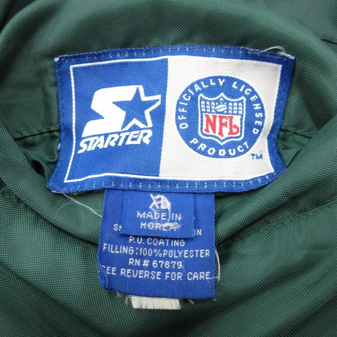 STARTER(スターター)のXL★古着 スターター STARTER 長袖 ナイロン ジャケット メンズ 90年代 90s NFL ニューヨークジェッツ リバーシブル 大きいサイズ ロング丈 緑 グリーン 内側キルティング 23nov21 中古 アウター メンズのジャケット/アウター(ダッフルコート)の商品写真