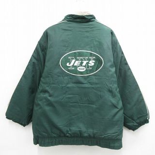 スターター(STARTER)のXL★古着 スターター STARTER 長袖 ナイロン ジャケット メンズ 90年代 90s NFL ニューヨークジェッツ リバーシブル 大きいサイズ ロング丈 緑 グリーン 内側キルティング 23nov21 中古 アウター(ダッフルコート)