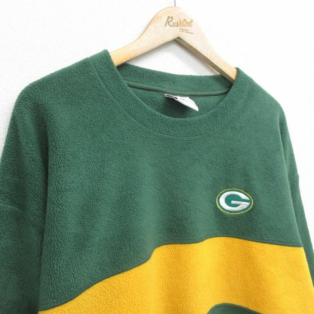 L★古着 長袖 フリース トップス メンズ 00年代 00s NFL グリーンベイパッカーズ ロング丈 クルーネック 緑他 グリーン アメフト スーパーボウル 23nov25 中古 アウター メンズのジャケット/アウター(ダッフルコート)の商品写真