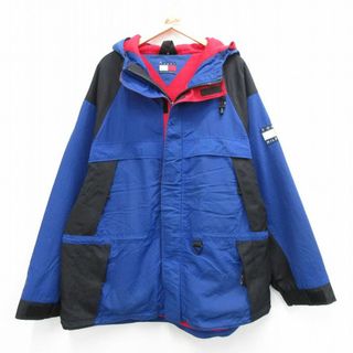 トミーヒルフィガー(TOMMY HILFIGER)のXL★古着 トミーヒルフィガー TOMMY HILFIGER 長袖 ブランド ナイロン ジャケット マウンテン パーカー メンズ 90年代 90s ワンポイントロゴ 大きいサイズ ロング丈 ラグラン 青他 ブルー 内側フリース 【spe】 23nov25 中古 アウター(ダッフルコート)