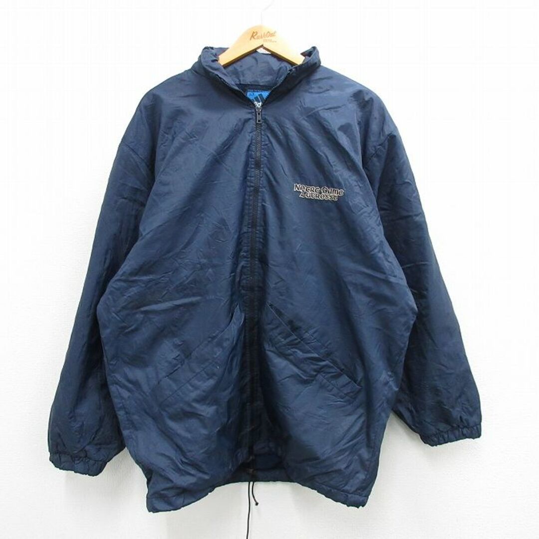 adidas(アディダス)のXL★古着 アディダス adidas 長袖 ナイロン ジャケット ベンチ コート メンズ 90年代 90s IRISH ワンポイントロゴ USA製 紺 ネイビー 内側フリース 【spe】 23nov29 中古 アウター ウインドブレーカー メンズのジャケット/アウター(ダッフルコート)の商品写真