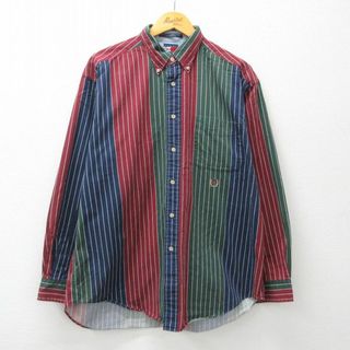 トミーヒルフィガー(TOMMY HILFIGER)のXL★古着 トミーヒルフィガー TOMMY HILFIGER 長袖 ブランド シャツ メンズ 90年代 90s ワンポイントロゴ マルチカラー コットン ボタンダウン 緑他 グリーン ストライプ 【spe】 23nov28 中古 トップス(シャツ)