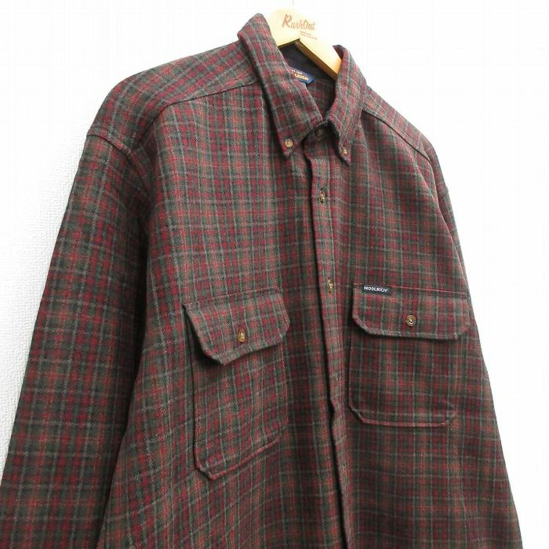 WOOLRICH(ウールリッチ)のXL★古着 ウールリッチ WOOLRICH 長袖 ウール シャツ メンズ ロング丈 ボタンダウン 緑他 グリーン チェック 23nov29 中古 トップス メンズのトップス(シャツ)の商品写真