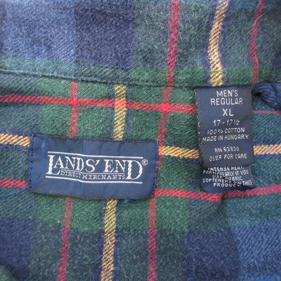 LANDS’END(ランズエンド)のXL★古着 ランズエンド 長袖 ヘビー フランネル シャツ メンズ 90年代 90s 大きいサイズ コットン ボタンダウン 紺他 ネイビー チェック 23nov30 中古 トップス メンズのトップス(シャツ)の商品写真