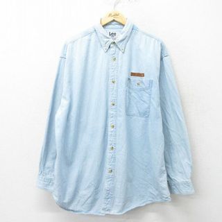 XL★古着 リー Lee 長袖 シャツ メンズ 00年代 00s ダッジ 大きいサイズ ロング丈 コットン ボタンダウン 薄紺 ネイビー デニム 23nov30 中古 トップス