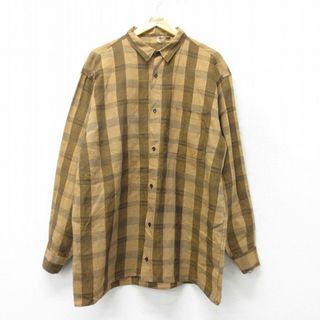 XL★古着 長袖 シャツ メンズ 90年代 90s 大きいサイズ ロング丈 茶他 ブラウン チェック 23nov30 中古 トップス(シャツ)