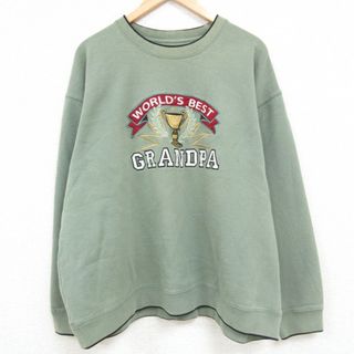 XL★古着 長袖 スウェット メンズ GRANDPA 刺繍 大きいサイズ クルーネック 薄緑 グリーン 23nov27 中古 スエット トレーナー トップス(パーカー)