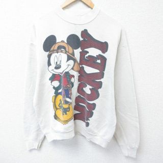 ディズニー(Disney)のL★古着 長袖 スウェット メンズ 90年代 90s ディズニー DISNEY ミッキー MICKEY MOUSE クルーネック 白 ホワイト 23nov29 中古 スエット トレーナー トップス(パーカー)