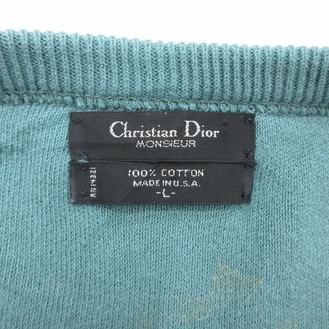 Christian Dior(クリスチャンディオール)のXL★古着 クリスチャンディオール Christian Dior 長袖 ブランド セーター メンズ 80年代 80s ワンポイントロゴ コットン Vネック USA製 緑系 グリーン 23nov22 中古 ニット トップス メンズのトップス(ニット/セーター)の商品写真