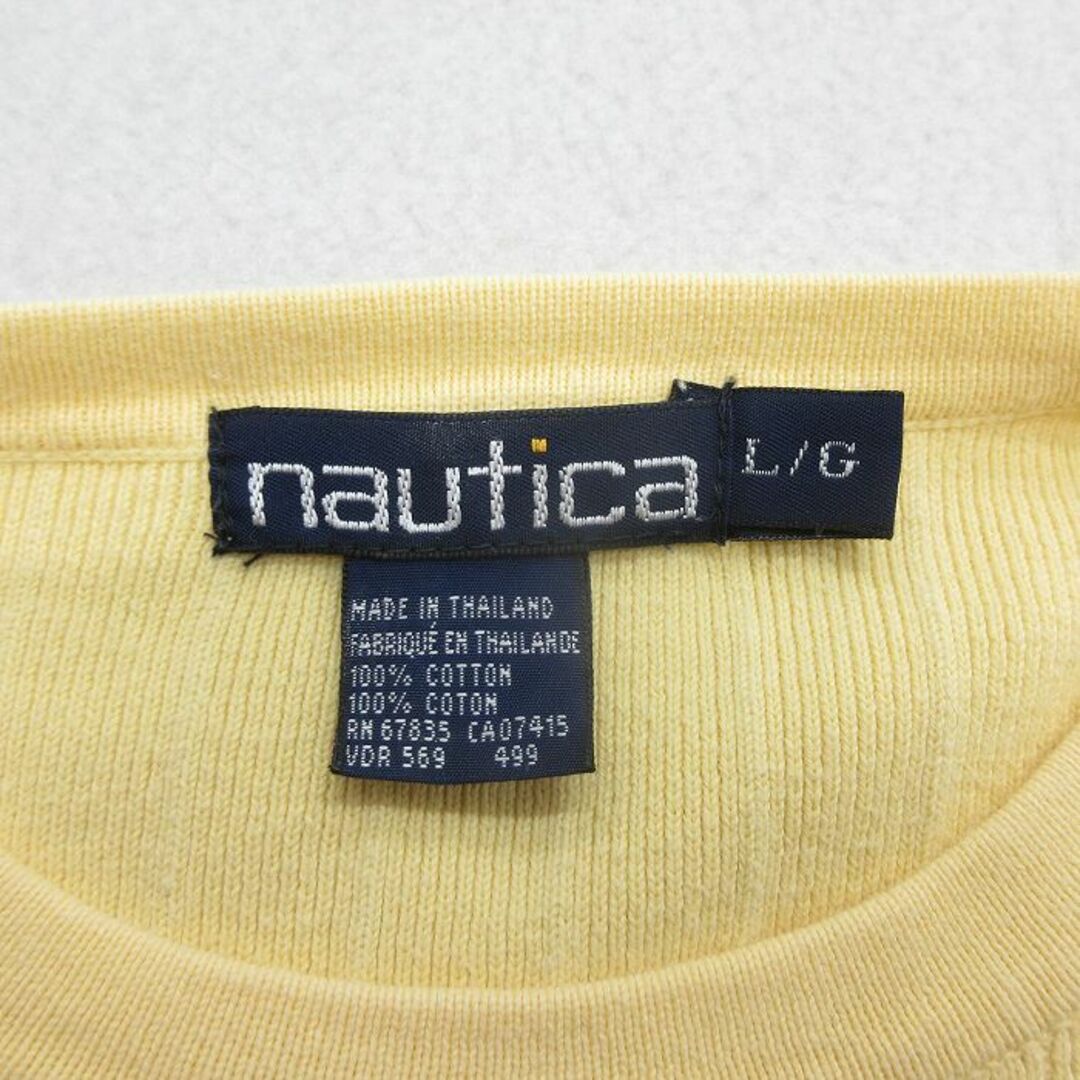 NAUTICA(ノーティカ)のL★古着 ノーティカ NAUTICA 長袖 ブランド セーター メンズ 90年代 90s ワンポイントロゴ コットン クルーネック 薄黄 イエロー 23nov21 中古 ニット トップス メンズのトップス(ニット/セーター)の商品写真