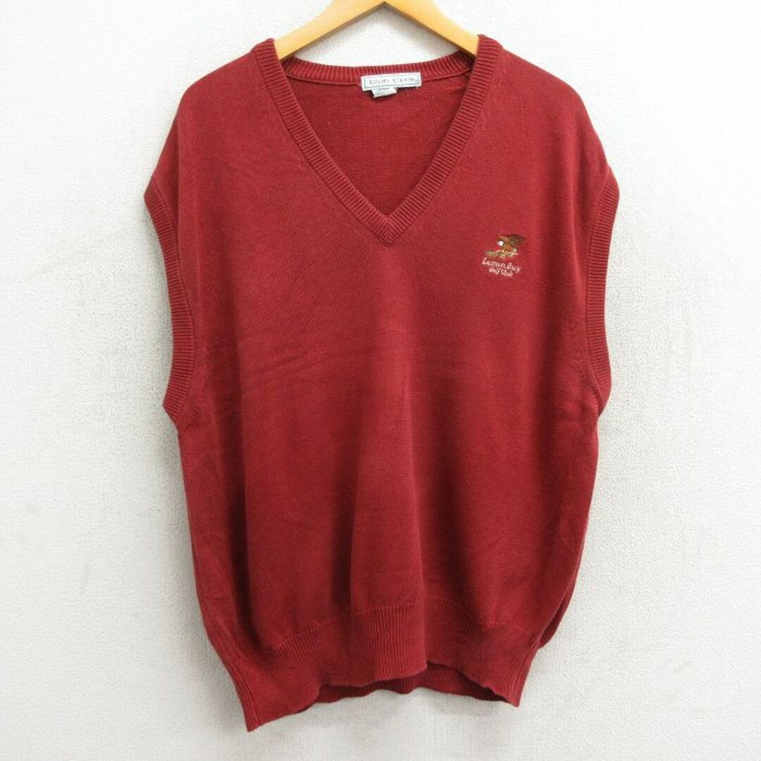 L★古着 IZOD ニット ベスト メンズ 90年代 90s 鳥 ゴルフ コットン Vネック USA製 赤 レッド 23nov21 中古 トップス メンズのトップス(ベスト)の商品写真