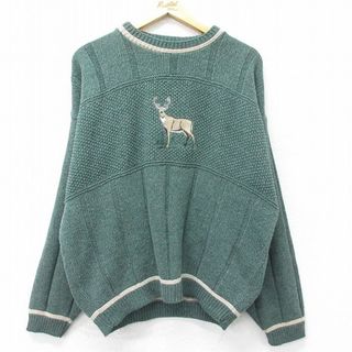 XL★古着 バンヒューセン 長袖 セーター メンズ 90年代 90s シカ 刺繍 大きいサイズ クルーネック USA製 緑 グリーン 23nov21 中古 ニット トップス(ニット/セーター)