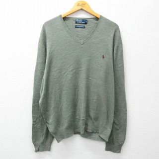 ラルフローレン(Ralph Lauren)のXL★古着 ラルフローレン Ralph Lauren 長袖 ブランド セーター メンズ 90年代 90s ワンポイントロゴ 大きいサイズ コットン Vネック 緑系 グリーン 霜降り 23nov24 中古 ニット トップス(ニット/セーター)