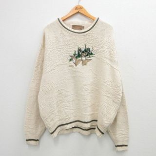 XL★古着 長袖 セーター メンズ 90年代 90s シカ 刺繍 大きいサイズ コットン クルーネック USA製 ベージュ他 カーキ 23nov24 中古 ニット トップス(ニット/セーター)