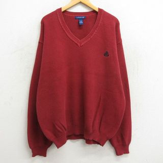 XL★古着 IZOD 長袖 セーター メンズ ワンポイントロゴ 大きいサイズ コットン Vネック 赤 レッド 23nov27 中古 ニット トップス(ニット/セーター)