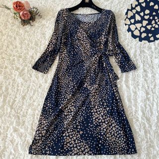 ローラアシュレイ(LAURA ASHLEY)のローラアシュレイ　ハート柄　ラップワンピース　ストレッチ　リボン　サイズ9(ひざ丈ワンピース)