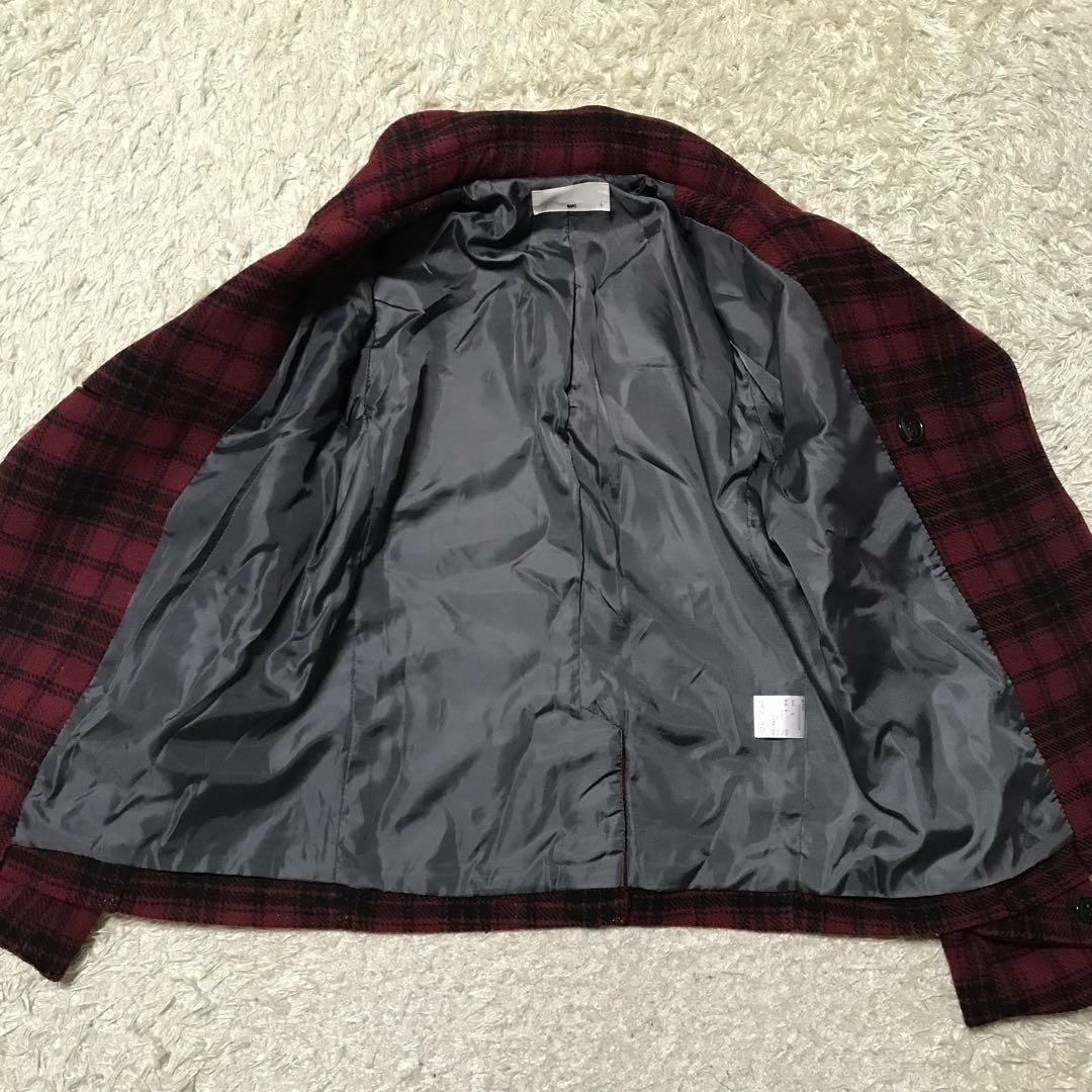 【ウール混】ハレ　チェック柄ピーコート　赤　黒　美品　K849 メンズのジャケット/アウター(ピーコート)の商品写真