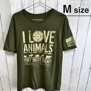 USA古着　Tシャツ　M　カーキグリーン　アニマル柄　プリント　コットン　国旗(Tシャツ/カットソー(半袖/袖なし))