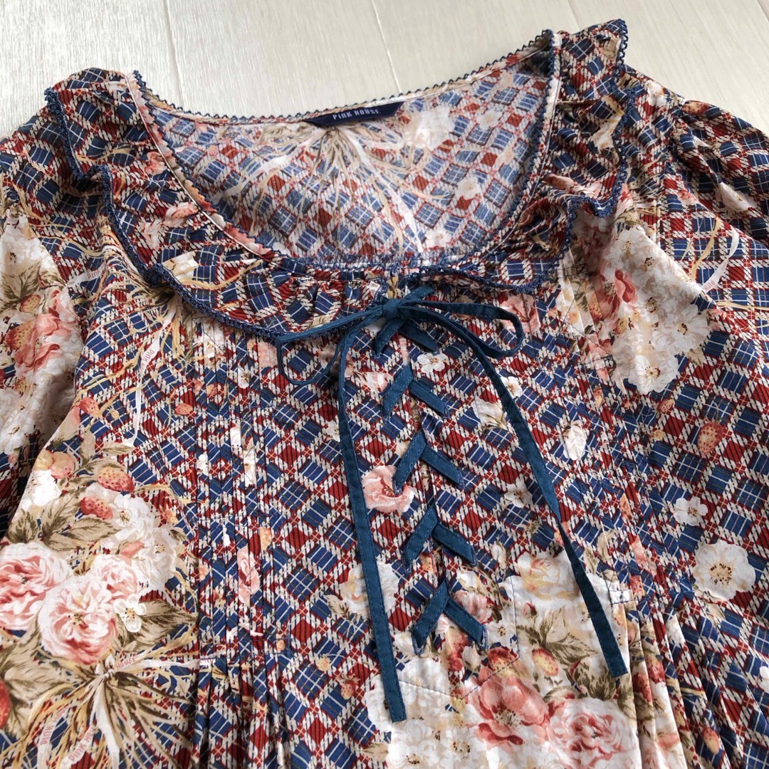 ピンクハウス 綿ローン 花柄 いちご チェック ミディ丈 ワンピース ピンクハウス 綿ローン 花柄 いちご チェック ミディ丈 ワンピース