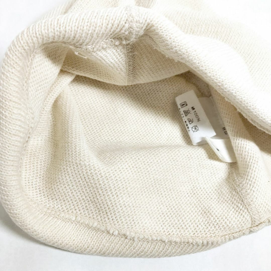 45R(フォーティファイブアール)の美品 45R✨45rpm ロゴプリント コットンニット帽 オフホイト 日本製 レディースの帽子(ニット帽/ビーニー)の商品写真