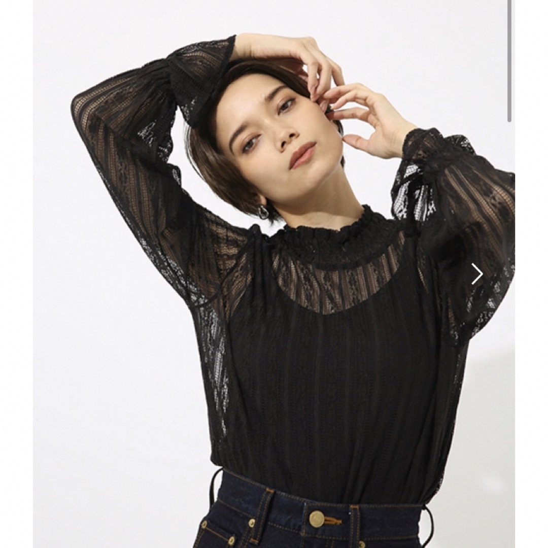 AZUL by moussy(アズールバイマウジー)のAZUL BY MOUSSY  レースハイネックロングスリーブOP  Black レディースのトップス(カットソー(長袖/七分))の商品写真