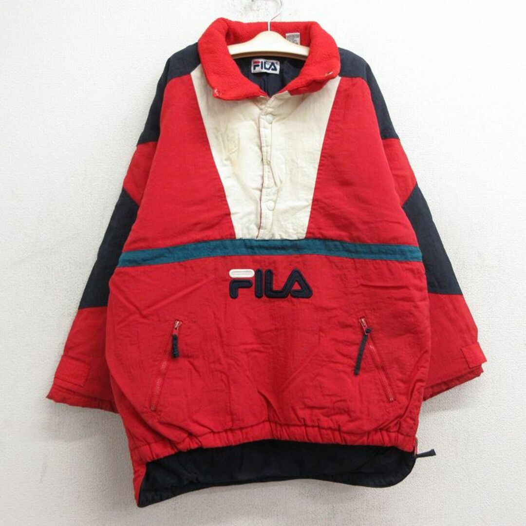 FILA(フィラ)の古着 フィラ FILA 長袖 ナイロン ジャケット キッズ ボーイズ 子供服 90年代 90s ビッグロゴ 襟フリース スナップT 赤他 レッド 23dec09 キッズ/ベビー/マタニティのベビー服(~85cm)(シャツ/カットソー)の商品写真