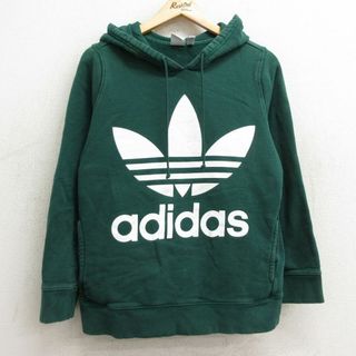 アディダス(adidas)の古着 アディダス adidas 長袖 スウェット パーカー レディース ビッグロゴ リーフ トレフォイル コットン 緑 グリーン 23dec07 中古 スエット トレーナー トップス(パーカー)