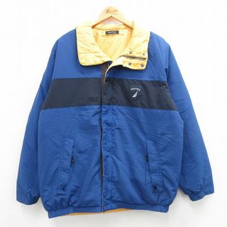 ノーティカ(NAUTICA)のXL★古着 ノーティカ NAUTICA 長袖 ブランド ナイロン セーリング ダウン ジャケット メンズ ワンポイントロゴ リバーシブル 青 ブルー 【spe】 23dec05 中古 アウター(ダッフルコート)