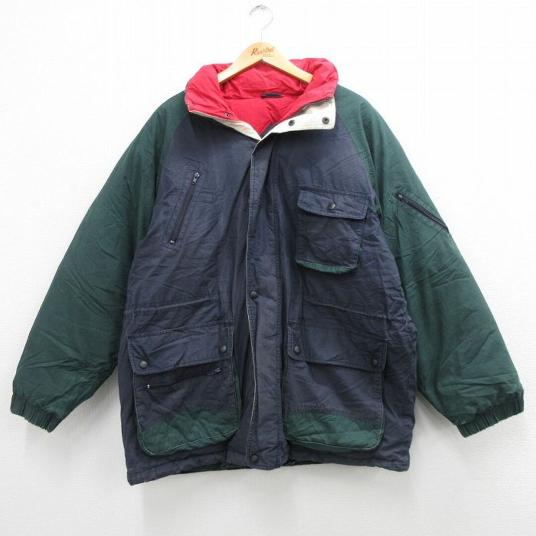 XL★古着 GANT 長袖 ダウン ジャケット メンズ 90年代 90s ロング丈 マルチカラー コットン 紺他 ネイビー 23dec09 中古 アウター メンズのジャケット/アウター(ダッフルコート)の商品写真