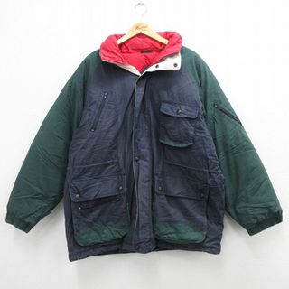 XL★古着 GANT 長袖 ダウン ジャケット メンズ 90年代 90s ロング丈 マルチカラー コットン 紺他 ネイビー 23dec09 中古 アウター(ダッフルコート)