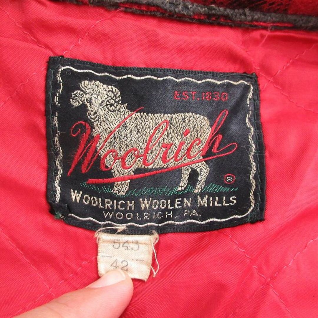 WOOLRICH(ウールリッチ)のXL★古着 ウールリッチ WOOLRICH 長袖 ビンテージ ウール ジャケット メンズ 50年代 50s タロン 赤 レッド チェック 内側キルティング 23dec04 中古 アウター メンズのジャケット/アウター(ダッフルコート)の商品写真