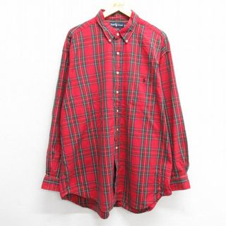 ラルフローレン(Ralph Lauren)のXL★古着 ラルフローレン Ralph Lauren 長袖 ブランド シャツ メンズ 90年代 90s ワンポイントロゴ BIG SHIRT オックスフォード ロング丈 大きいサイズ コットン ボタンダウン 赤他 レッド タータン チェック 【spe】 23dec06 中古 トップス(シャツ)