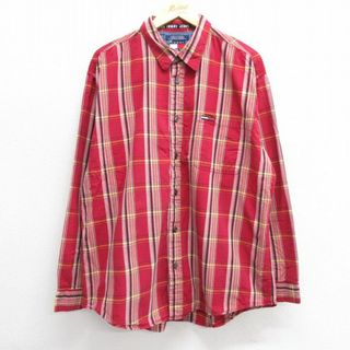 TOMMY HILFIGER - XL★古着 トミーヒルフィガー TOMMY HILFIGER 長袖 ブランド シャツ メンズ 90年代 90s ワンポイントロゴ 大きいサイズ コットン 赤他 レッド チェック 23dec06 中古 トップス