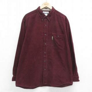 コロンビア(Columbia)のXL★古着 コロンビア COLUMBIA 長袖 ブランド シャツ メンズ 00年代 00s コーデュロイ 大きいサイズ ロング丈 コットン ボタンダウン エンジ 23dec07 中古 トップス(シャツ)