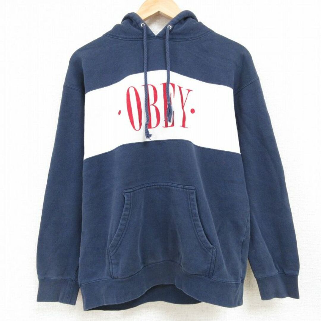 OBEY(オベイ)のL★古着 オベイ OBEY 長袖 スウェット パーカー メンズ ビッグロゴ ツートンカラー 刺繍 濃紺 ネイビー 23dec02 中古 スエット トレーナー トップス メンズのトップス(パーカー)の商品写真