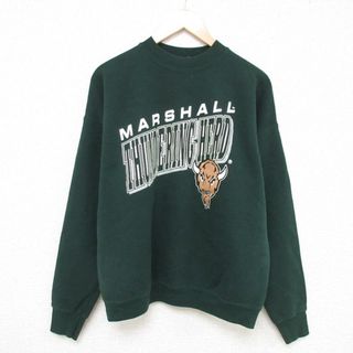 フルーツオブザルーム(FRUIT OF THE LOOM)のXL★古着 フルーツオブザルーム 長袖 スウェット メンズ 00年代 00s NCAA MARSHALL THUNDERING HERD クルーネック 濃緑 グリーン 23dec08 中古 スエット トレーナー トップス(パーカー)