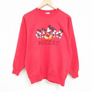 ディズニー(Disney)のL★古着 長袖 スウェット メンズ 00年代 00s ディズニー DISNEY ミッキー MICKEY MOUSE クルーネック 赤 レッド 23dec08 中古 スエット トレーナー トップス(パーカー)