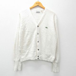 ラコステ(LACOSTE)のL★古着 ラコステ LACOSTE IZOD 長袖 ブランド ニット カーディガン メンズ 80年代 80s ワンポイントロゴ アクリル 白 ホワイト 23dec05 中古 トップス(カーディガン)