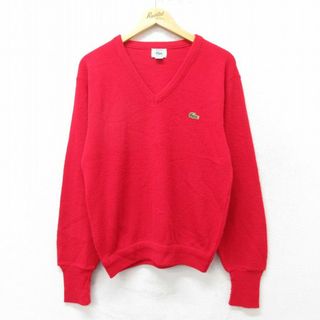 ラコステ(LACOSTE)のL★古着 ラコステ LACOSTE IZOD 長袖 ブランド セーター メンズ 90年代 90s ワンポイントロゴ アクリル Vネック USA製 赤 レッド 23dec06 中古 ニット トップス(ニット/セーター)