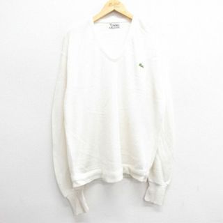 ラコステ(LACOSTE)のXL★古着 ラコステ LACOSTE 長袖 ブランド セーター メンズ 80年代 80s ワンポイントロゴ 大きいサイズ アクリル Vネック 白 ホワイト 23dec06 中古 ニット トップス(ニット/セーター)