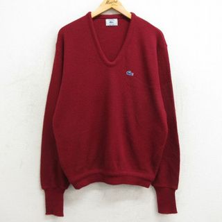 ラコステ(LACOSTE)のL★古着 ラコステ LACOSTE 長袖 ブランド セーター メンズ 90年代 90s ワンポイントロゴ Vネック エンジ 23dec08 中古 ニット トップス(ニット/セーター)