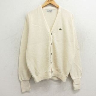 ラコステ(LACOSTE)のL★古着 ラコステ LACOSTE 長袖 ブランド ニット カーディガン メンズ 80年代 80s ワンポイントロゴ アクリル 生成り 23dec08 中古 トップス(カーディガン)